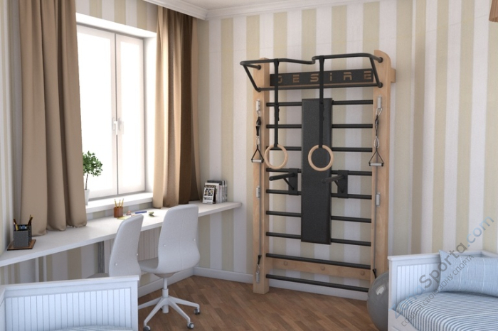 Шведская стенка с эспандерами, брусьями и скамьей Desire Eco Plus Шведская стенка с эспандерами, брусьями и скамьей Desire Eco Plus