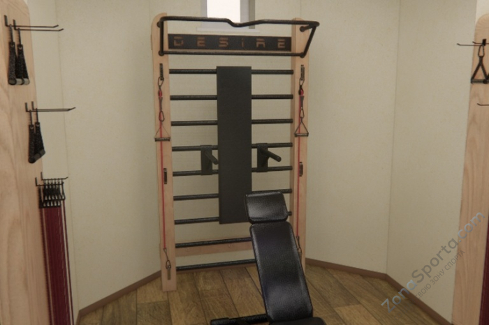 Шведская стенка с эспандерами, брусьями и скамьей Desire Eco Plus Шведская стенка с эспандерами, брусьями и скамьей Desire Eco Plus